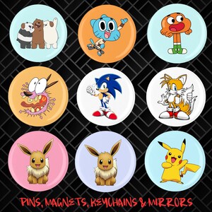 Cartoon Pins, Magnets, Keychain, Mirrors, 90s And 2000's Pop Culture Pins, Birthday Party Favors, Stocking Stuffers, Retro Game Accessories