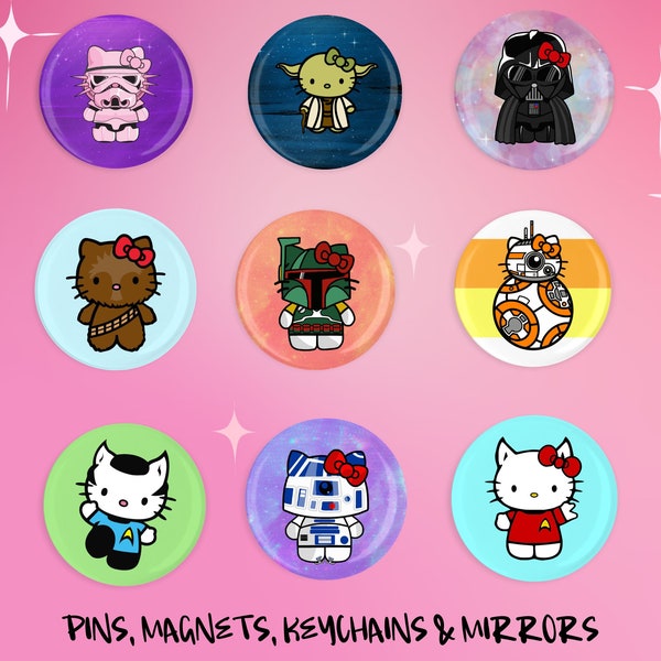 Hello Kitty Star Wars and Star Trek Pins, Magnets, Keychains, Storm Trooper, Yoda, Darth Vader, Chewbacca, Boba Fett, BB8, R2D2