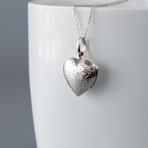 925K Sterling Silver Engraved Flowers Heart Locket Pendant Necklace | Rhodium Plated