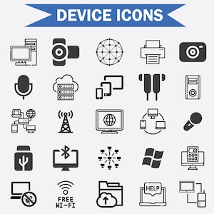 May include: A set of 28 black and white device icons, including a computer, printer, camera, microphone, cloud server, phone, headphones, antenna, globe, and more.