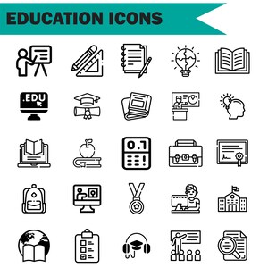 Op de afbeelding: Een set van 28 zwart-witte lijniconen die verschillende educatieve concepten weergeven, waaronder een graduatiecap, een boek, een rekenmachine, een rugzak, een aardbol en een leraar op een podium.