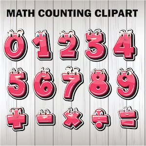 May include: Pink cartoon numbers 0 through 9 with faces and plus, minus, multiply, and divide symbols.  The numbers and symbols are on a white wood background.