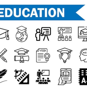 Zestaw ikon edukacyjnych, wirtualne spotkania, koncepcja edukacji z ikonami ikony biura domowego, plik cyfrowy, natychmiastowe pobieranie do użytku komercyjnego