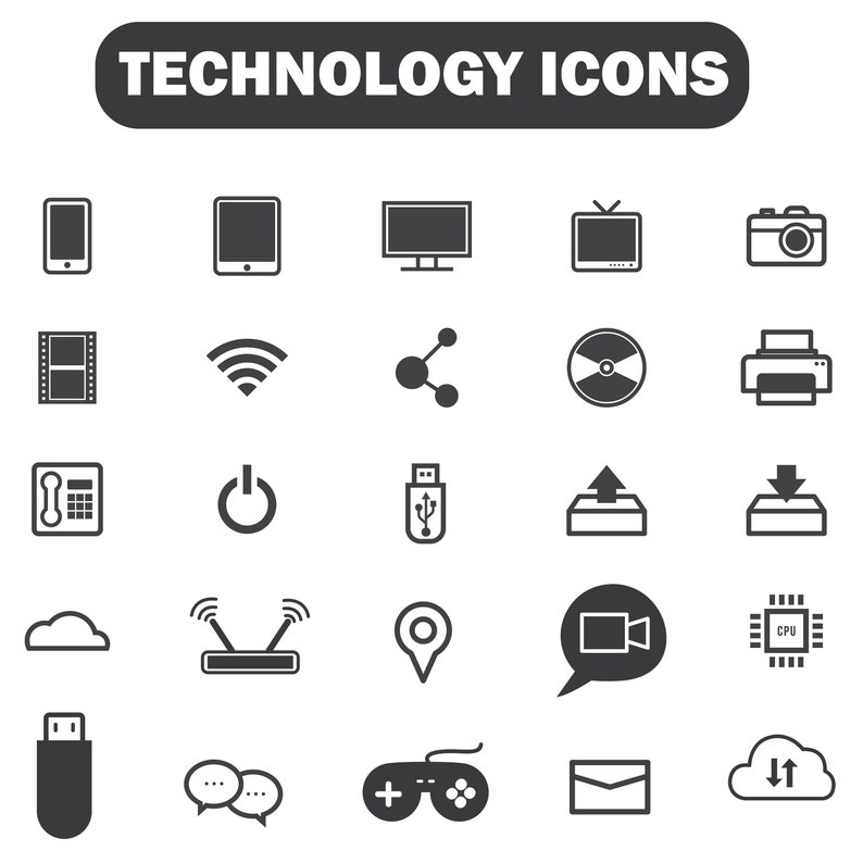 May include: A set of 25 black and white technology icons. The icons include a smartphone, tablet, computer monitor, television, camera, film reel, wifi symbol, share icon, CD, printer, phone, power button, USB drive, upload and download arrows, cloud, router, location pin, video camera, CPU chip, USB drive, chat bubbles, game controller, envelope, and cloud with arrows.