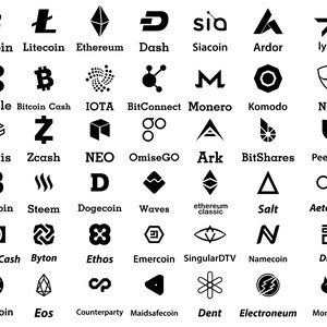 May include: A black and white graphic illustration of 30 different cryptocurrency logos. The logos are arranged in a grid of five columns and six rows. The logos include Bitcoin, Litecoin, Ethereum, Dash, Siacoin, Ardor, Lykke, Ripple, Bitcoin Cash, IOTA, BitConnect, Monero, Komodo, NEM, Stratis, Zcash, NEO, OmiseGO, Ark, BitShares, Peercoin, Bytecoin, Steem, Dogecoin, Waves, Ethereum Classic, Salt, Aeternity, Bitcoin Cash, Byton, Ethos, Emercoin, SingularDTV, Namecoin, Digix, Rubycoin, Eos, Counterparty, Maidsafecoin, Dent, Electroneum, and Monacoin.