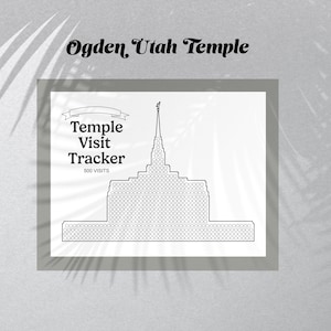 Puede incluir: Impresión en blanco y negro de un Temple Visit Tracker con el templo de Ogden, Utah. La impresión incluye el texto "Temple Visit Tracker" y "500 Visits". La imagen está sobre un fondo gris con una sombra.