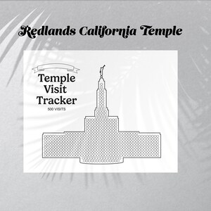 以下が含まれることがあります： 上部に「Redlands California Temple」の文字が入った白いテンプルビジットトラッカー。トラッカーは、寺院の詳細なイラストと500回の訪問のためのスペースを備えています。「Temple Visit Tracker」の文字も表示されています。