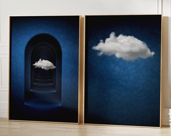 Abstracte muurkunst Set van 2 prints, kunst aan de muur wolken, surrealistische muurkunst, wolkenprint, donkerblauw, print nachtelijke hemel, kunst aan de muur slaapkamer, kunst aan de muur lucht