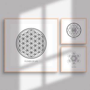 Sacred Geometry Wall Art, Flower Of Life Print, Sri Yantra Print, Metatron Print, Sacred Geometry, Mandala Wall Art, Set of 3 Prints