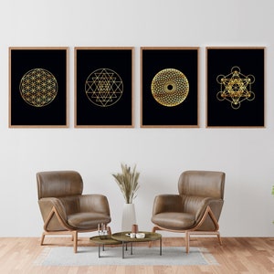 Sacred Geometry Wall Art Set, Set of 4 Prints, Flower Of Life Print, Torus Wall Art, Sri Yantra Print, Metatron Cube Wall Art, Geometric Art