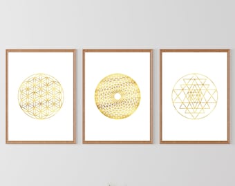 Sacred Geometry Wall Art Set, Flower Of Life Gold Print, Sri Yantra, Torus Print, Sacred Geometry Gold Print, Set of 3 Prints, Mandala Art