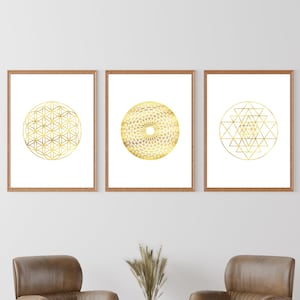 Arte mural de geometría sagrada, estampado dorado de la Flor de la Vida, Sri Yantra, estampado de Toro, estampado dorado de geometría sagrada, juego de 3 impresiones, arte de mandala