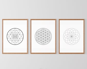 Sacred Geometry Wall Art, Flower Of Life Print, Sri Yantra Print, Torus Print, Sacred Geometry, Mandala Wall Art, Set of 3 Prints