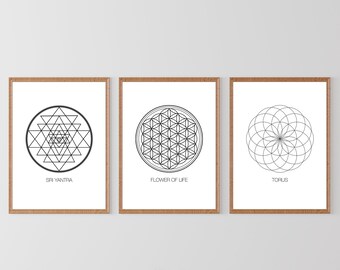Sacred Geometry Art Prints: Flower of Life, Sri Yantra, Torus (Digital Download)