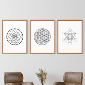 Sacred Geometry Wall Art, Flower Of Life Print, Sri Yantra Print, Metatron Print, Sacred Geometry, Mandala Wall Art, Set of 3 Prints