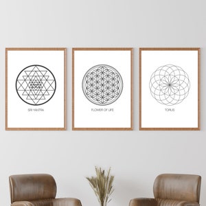 Sacred Geometry Wall Art, Flower Of Life Print, Sri Yantra Print, Torus Print, Sacred Geometry, Mandala Wall Art, Set of 3 Prints