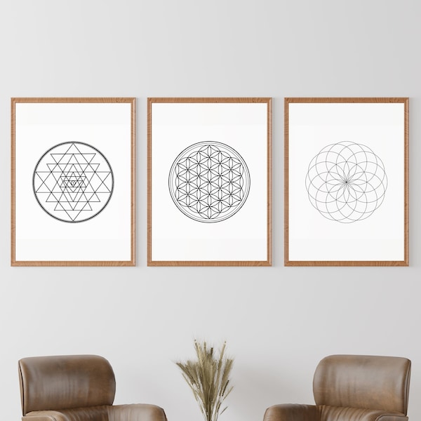 Sacred Geometry Wall Art, Flower Of Life Print, Sri Yantra Print, Torus Print, Sacred Geometry, Mandala Wall Art, Set of 3 Prints