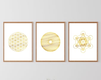 May include: Three framed prints with gold geometric designs on a white background. The prints are hanging on a white wall above two brown leather armchairs and a coffee table.