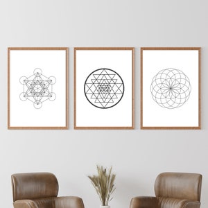 Sacred Geometry Wall Art Set, Metatron Print, Sri Yantra Print, Torus Print, Sacred Geometry Poster, Mandala Wall Art, Set of 3 Prints