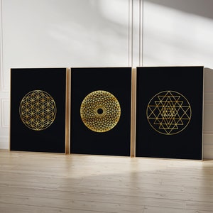 Sacred Geometry Wall Art Set, Flower Of Life Wall Art, Sri Yantra Wall Art, Torus Yantra Wall Art, Geometric Shapes Decor, Set of 3 Prints