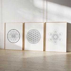 Sacred Geometry Wall Art, Flower Of Life Print, Sri Yantra Print, Metatron Print, Sacred Geometry, Mandala Wall Art, Set of 3 Prints