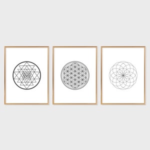 Sacred Geometry Wall Art, Flower Of Life Print, Sri Yantra Print, Torus Print, Sacred Geometry, Mandala Wall Art, Set of 3 Prints