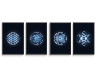 Sacred Geometry Wall Art Set, Set of 4 Prints, Flower Of Life, Sri Yantra, Torus, Metatron Cube Print, Geometric Wall Art, Spiritual Art