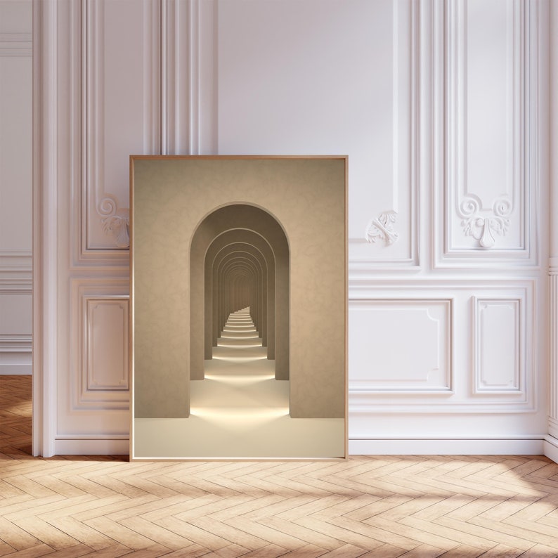 May include: A digital art print of a beige hallway with a series of arches leading to a vanishing point. The arches create a sense of depth and perspective.