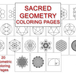 Op de afbeelding: Een set van 20 printbare kleurplaten met ontwerpen van heilige geometrie. De ontwerpen omvatten geometrische vormen, mandala's en de bloem des levens. De titel "Sacred Geometry Coloring Pages" staat bovenaan de pagina.
