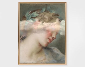 Surreal Cloud Woman Art Print: Minimalist Female Portrait (Digital Download)