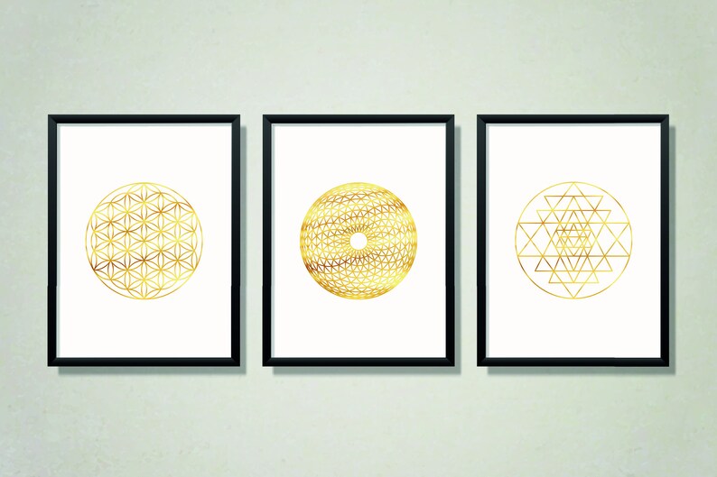 Sacred Geometry Wall Art Set, Flower of Life Gold Print, Sri Yantra ...