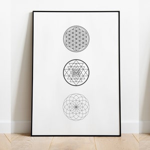 Sacred Geometry Wall Art, Set of 3 Prints, Flower of Life Wall Art, Sri ...