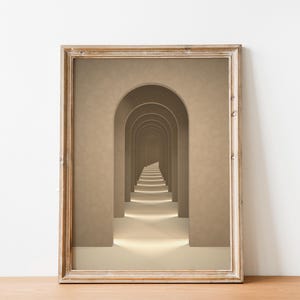 May include: A framed print of a hallway with a series of arches leading to a light at the end of the hallway. The walls and arches are a light beige color.