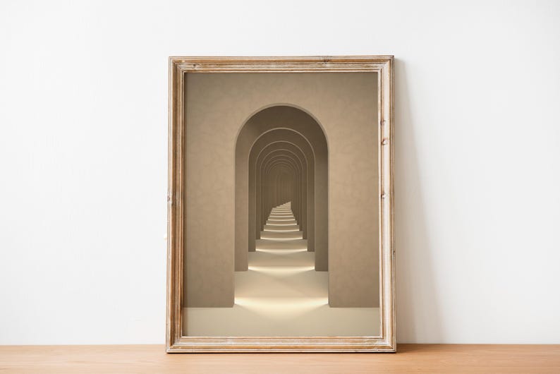 May include: A framed print of a hallway with a series of arches leading to a light at the end of the hallway. The walls and arches are a light beige color.
