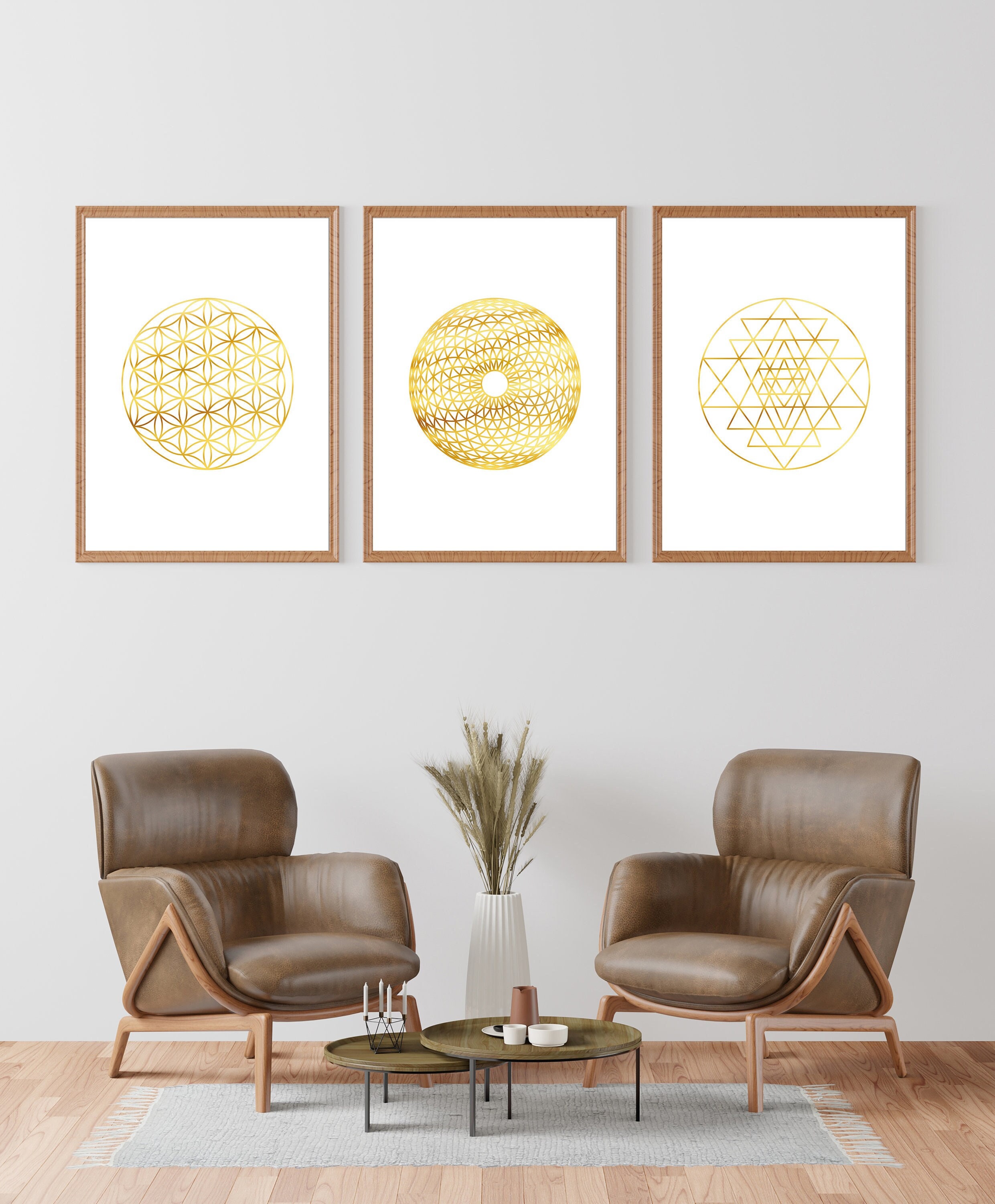 Sacred Geometry Wall Art Set, Flower of Life Gold Print, Sri Yantra ...