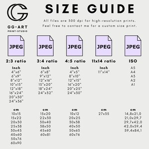 May include: A size guide for digital prints, showing different aspect ratios and corresponding measurements in inches and centimeters. The guide includes standard paper sizes like A5, A4, A3, A2, and A1.