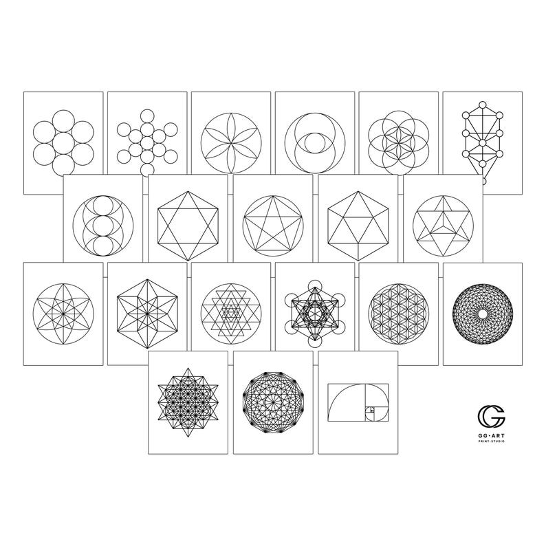 Puede incluir: Una ilustraci&oacute;n en blanco y negro de 16 formas geom&eacute;tricas diferentes, incluyendo la Flor de la Vida, la Semilla de la Vida, el &Aacute;rbol de la Vida, el Cubo de Metatr&oacute;n y la Espiral Dorada. Las formas est&aacute;n dispuestas en una cuadr&iacute;cula sobre un fondo blanco. El texto "GO-ART" est&aacute; en la esquina inferior derecha de la imagen.