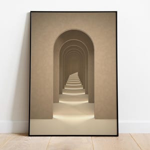 May include: A framed print of a hallway with a series of arches leading to a vanishing point. The walls and arches are a light beige color, and the floor is a light brown.