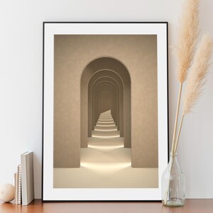 May include: A framed print of a hallway with a series of arches leading to a vanishing point. The walls and arches are a light beige color, and the floor is a lighter beige. The hallway is lit by a soft, warm light.