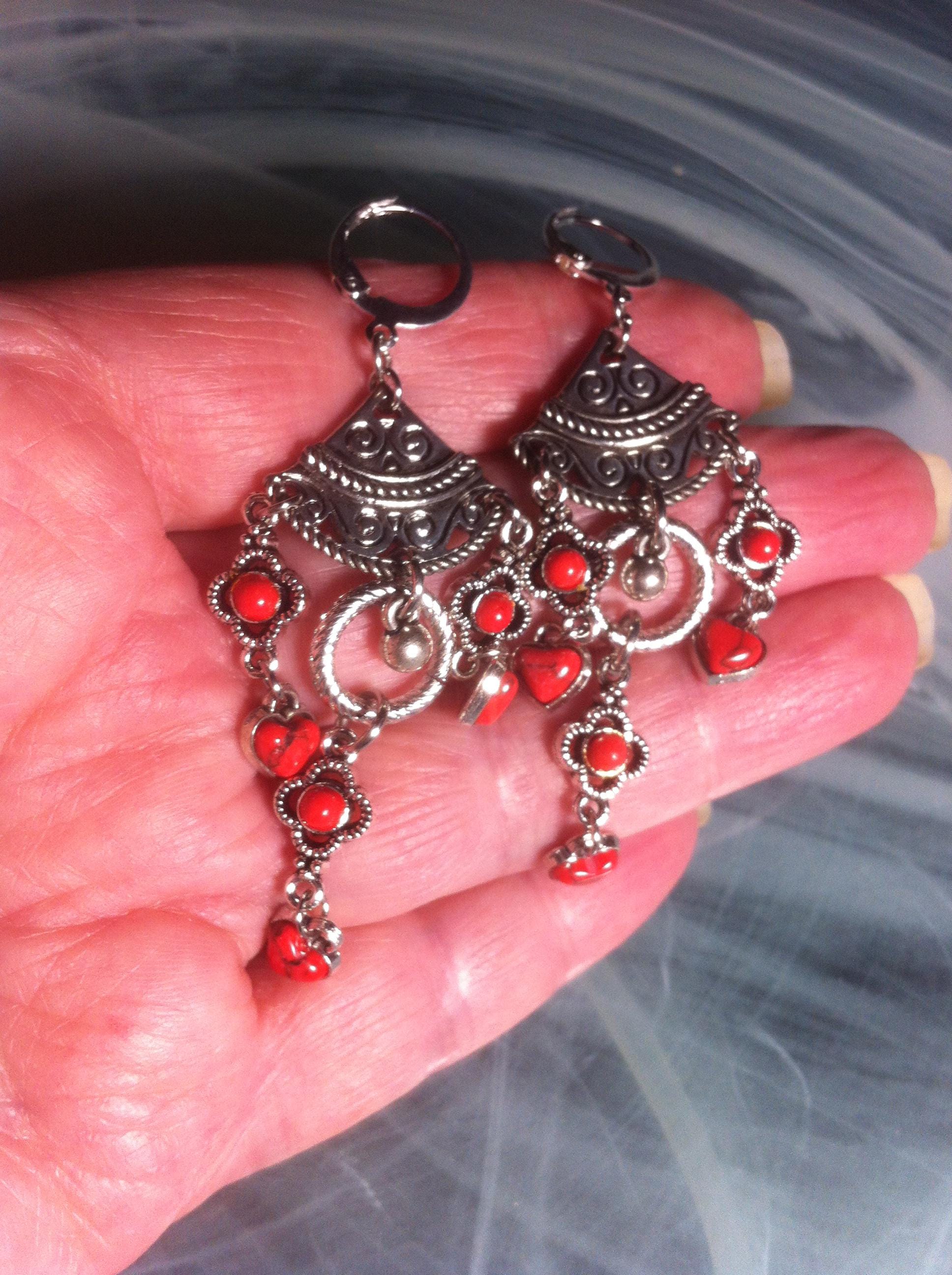 Boucles D'oreilles Pendantes Ethniques Argentées Avec Fleur Et Pierre Noire