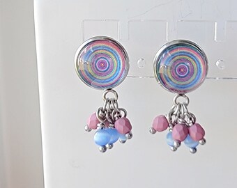 Stud Post Dangle Earrings in Blue and Pink | Gift Boxed