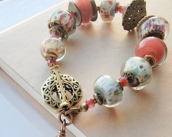 Lampwork Bead Bracelet in Red, Blue, and Bronze by Lori Anderson | Custom Sizing | Gift Boxed
