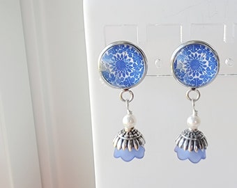 Stud Post Dangle Earrings with Blue Lucite Flowers | Gift Boxed