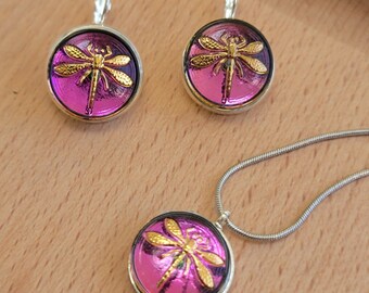 Dragonfly Vintage Glass Button Earrings and Necklace SET | Gift Boxed
