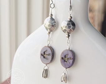 Purple Bird Earrings with Sterling Silver Beads | Gift Boxed