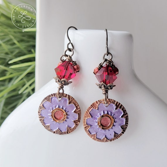 Boho Gerbera Daisy Earrings: Red Swarovski Crystal, Bronze Charms