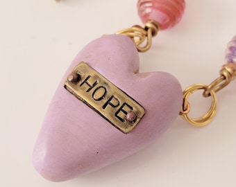 Hope Heart Polymer Clay and Lampwork Bead Necklace | Gift Boxed | Gift with Purchase | International Shipper