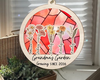 Birth Month Flower, Grandma's Garden Suncatcher Ornament, Personalized Window Hanging Suncatcher Ornament, Grandma Gift, Mother day Gift