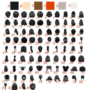 May include: A chart with 80 numbered squares, each containing a black and white illustration of a woman's hairstyle. The hairstyles are varied and include braids, buns, ponytails, and other styles.