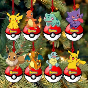 May include: Set of eight Christmas ornaments featuring various Pokémon characters atop red and white Poké Ball designs. Each ornament has a red ribbon for hanging and the word "Name" printed on it. The ornaments are set against a backdrop of green Christmas tree branches.